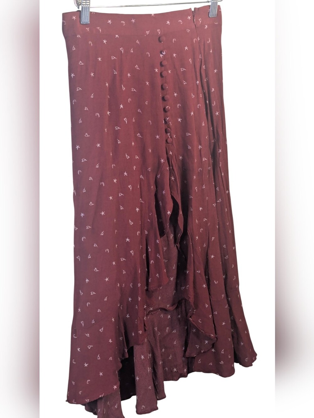 For Love & Lemons x Femme Fair Burgundy Celestial Wrap Midi Skirt M Hearts Stars